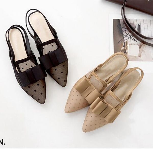 

sweet polka dot casual women sandals mesh lace low heel woman sandals back elastic strap butterfly-knot flat with female shoes, Black