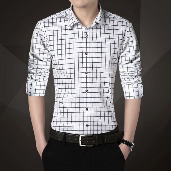 

2019 men spring shirt slim fit plaid shirts long sleeve cotton dress button shirts casual man business work wear, White;black