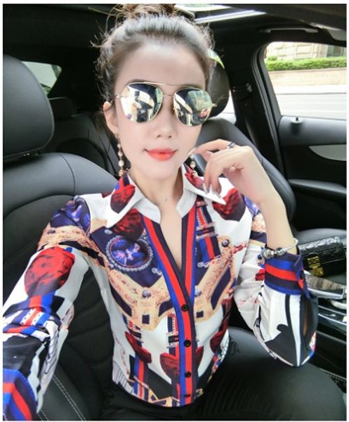 

spring fall runway plus size shirts women fashion long sleeve printed ladies button blouse elegant slim office designer shirt, White