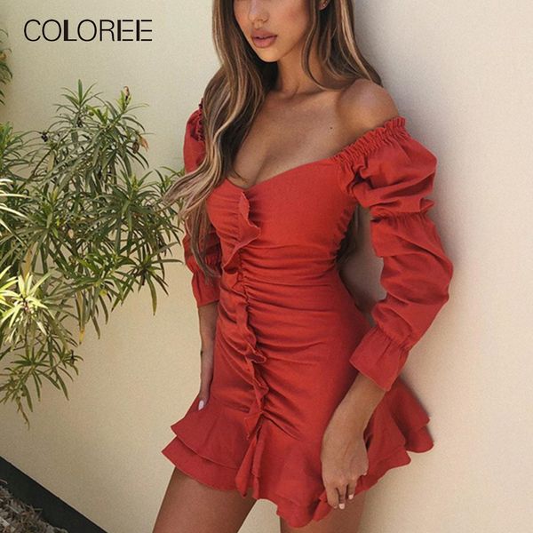 

coloree 2019 autumn v neck women mini dress red white ruffles long sleeve female dress runway designer casual dress vestido, Black;gray