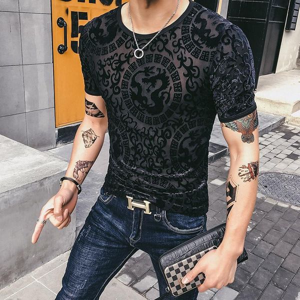

mens see through t shirts social club velvet transparent t shirts for mens dragon camisetas hombre slim fit silk sexy, White;black