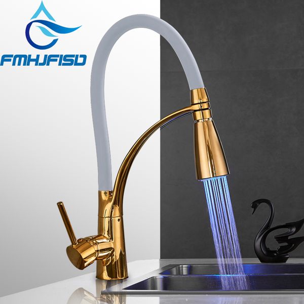 

golden polished 360 swivel kitchen faucets led pull out sprayer head mixer water vessel sink faucets cold and water taps