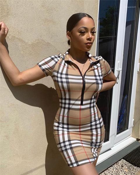 

party dresses ladies bodycon dresses plaid print skinny womens designer dresses summer short sleeve lapel neck womens, White;black