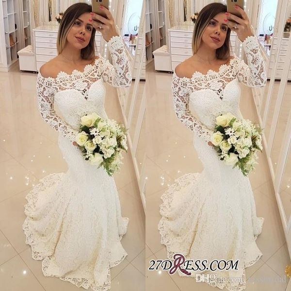 

2019 сексуальная элегантный с плеча русалка свадебные платья с длинным рукавом кружева свадебное платье свадебные платья невесты вечернее пл, White