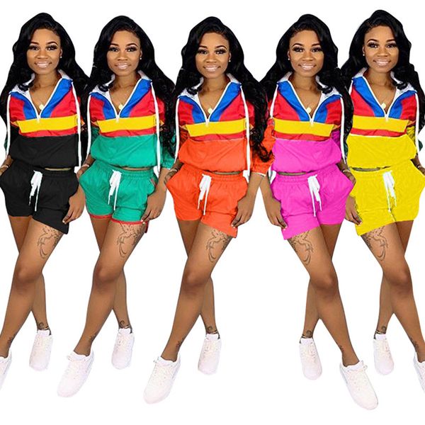

Color match patchwork women track uit ummer hort uit zipper hoodie hooded t hirt hort pant 2 piece port wear treet et a3193