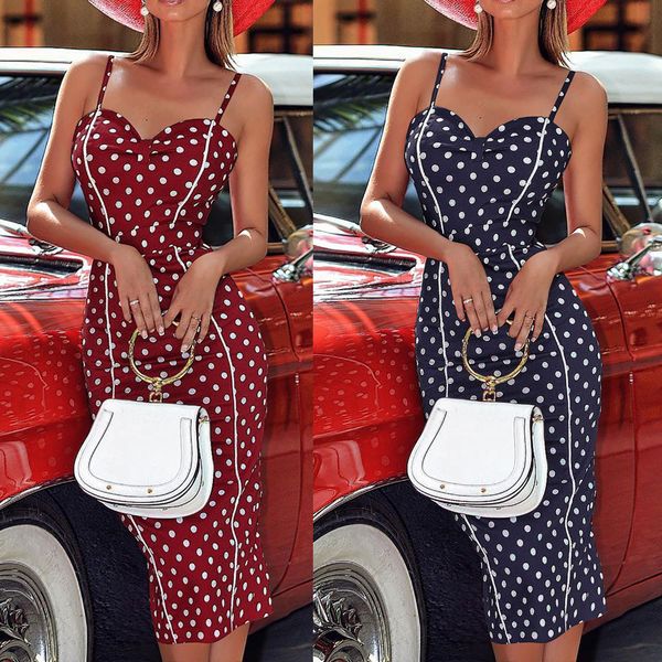 

2019 fashion summer dress womens sleeveless plus size v-neck slim dot mid-calf fork bodycon dress female elbise robe vestido, Black;gray