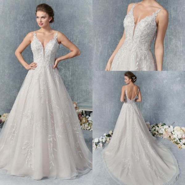 

sell a line wedding dresses spaghetti sleeveless applique tulle lace backless wedding gown sweep train robe de mariÃ©e, White