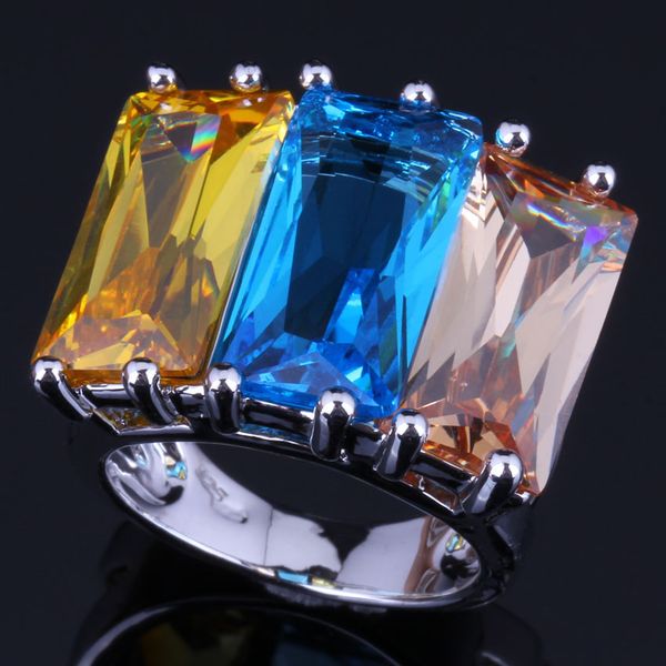 

smooth huge rectangle sky blue yellow brown cubic zirconia 925 sterling silver ring for women v0542, Golden;silver