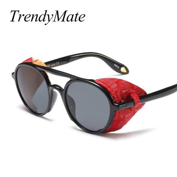 

2019 retro gothic leather sunglasses for men round side shield steampunk sun glasses for women goggle 5395, White;black