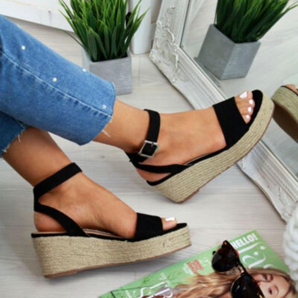 

summer shoes platform sandals fashion women strap fashion sandal wedges shoes casual woman peep toe espadrille femme, Black
