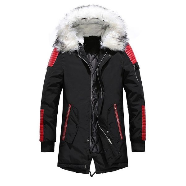 

мужская мода повседневная с длинным рукавом с капюшоном тонкие карманы большой меховой воротник зимнее длинное пальто на молнии лоскутное, Black