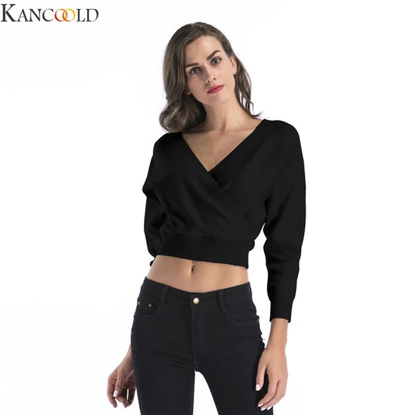 

kancoold women winter v-neck long sleeve furry casual warm sweater popular ladies solid color cropped pullover sweaters, White;black