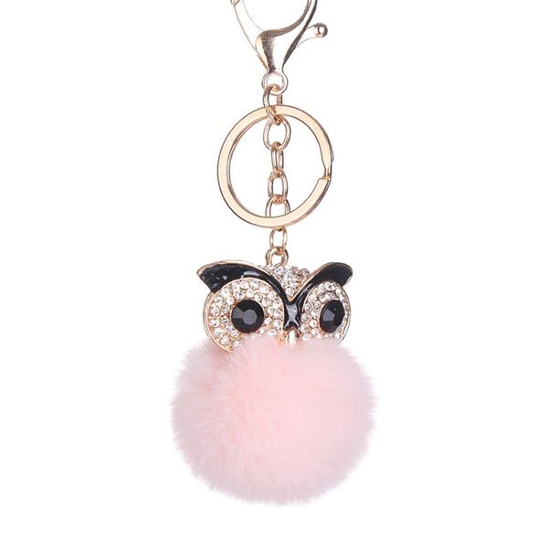 

pompom keychain trendy animal shape rhinestone faux fur ball owl bag pendant women's keychain car keyring key ring hanging decor, Silver