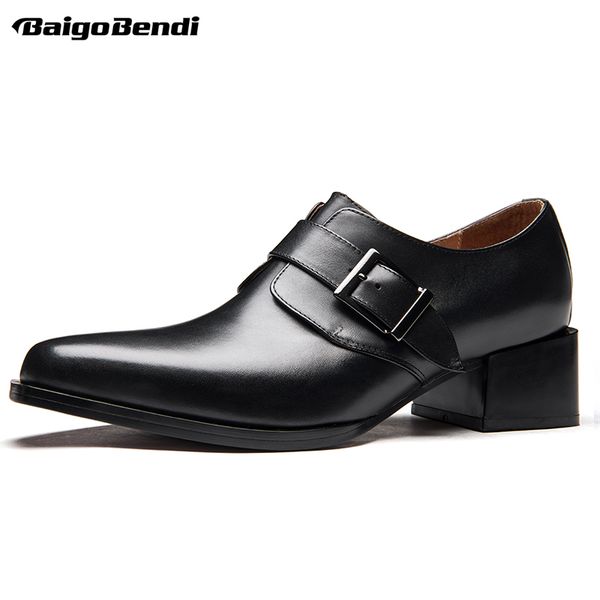 

elegant england style business man 5 cm heels buckle belt pointed toe men high-heeled shoes thick square heel oxfords, Black