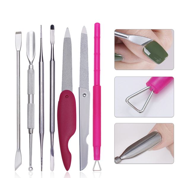 

1 pc dual-ended nail file stainless steel uv gel polish remover cuticle pusher anti-slip handle buffer manicure nail art tool