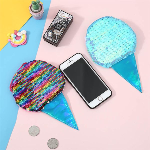 

holiday gift 6 styles ice cream mermaid sequin coin purse with lanyard outdoor portable cartoon glitter party storage wallet bag dh0503 t03