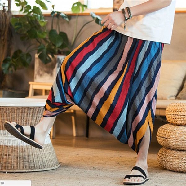 

men's pants ropa de hombre 2021 spring summer plus size wide-leg big crotch striped nine points trousers tide, Black