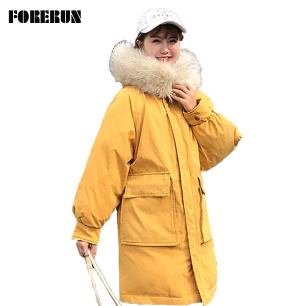 

women's down & parkas forerun oversized coat winter long jacket for women big fur hooded jackets female cotton padded solid chaqueta mu, Black