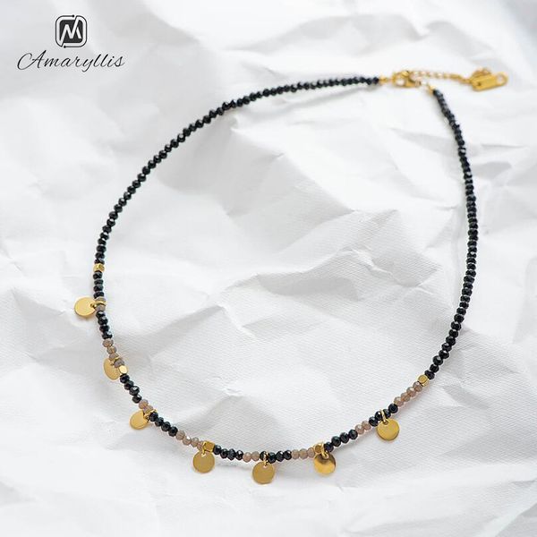

amaiyllis handmade glass beads strand choker necklace for women chic stainless steel disc charms choker collar clavicle chain, Golden;silver