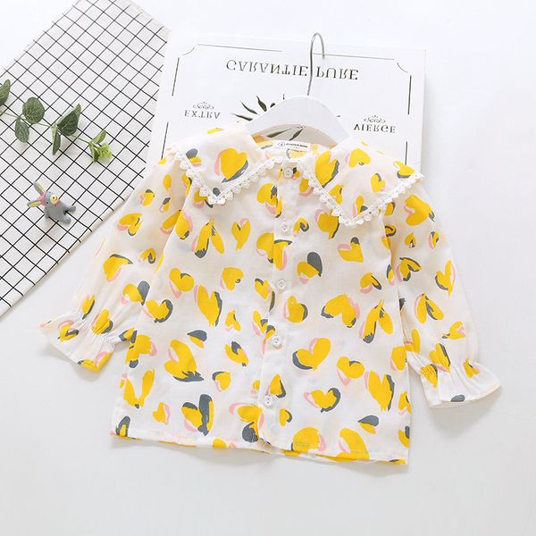 

121 heart full printed child shirt 2020 spring korean-style lace collar button down cardigan childrenswear, White