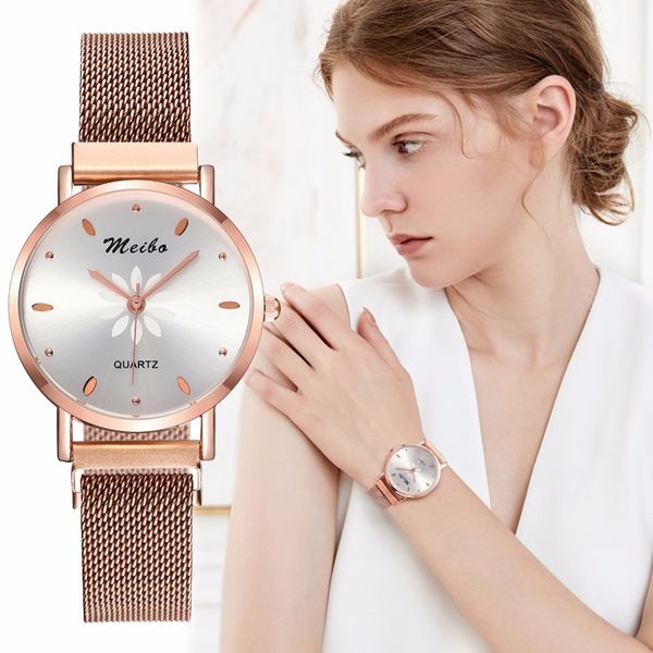 

women magnet buckle flower watch luxury ladies meibo stainless steel quartz watch dropshipping meibo clock, Slivery;brown