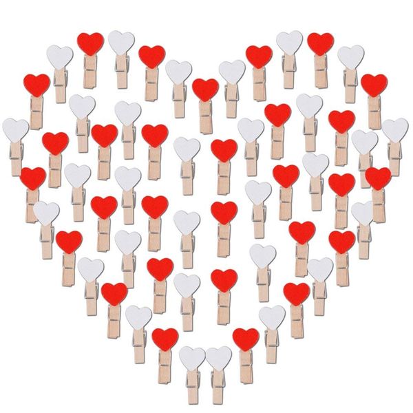 

100 pcs mini wooden clasps heart (white + red) clamps wooden decoration small clothespins deco clamps clothespins d