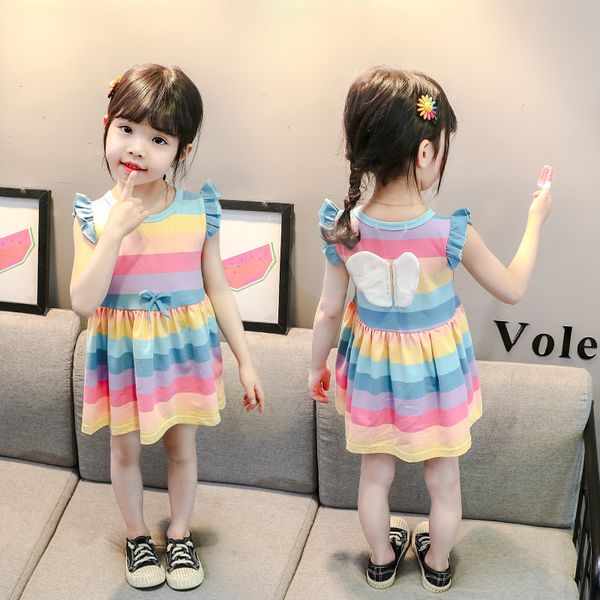 

rainbow kids dresses for girls 2020 summer children clothing korean style angel wings back casual school wear princess dress, Red;yellow