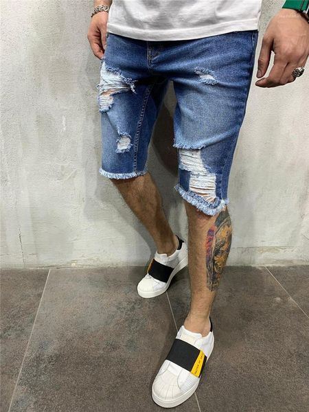 

male casual wash out jeans mens designer holes jeans shorts breathable homme slim straight pants fashion, Blue