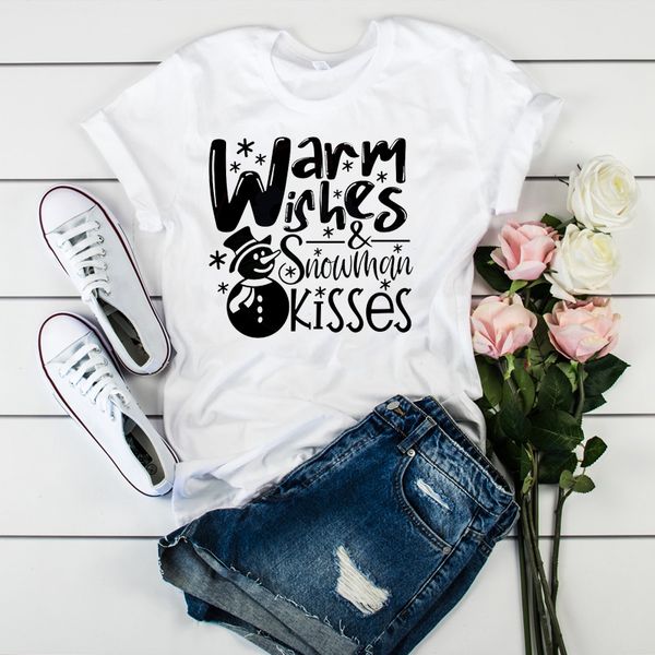 

women graphic snowman warm wishes cartoon print merry christmas tshirt female womens ladies clothes t tee shirt t-shirt, White