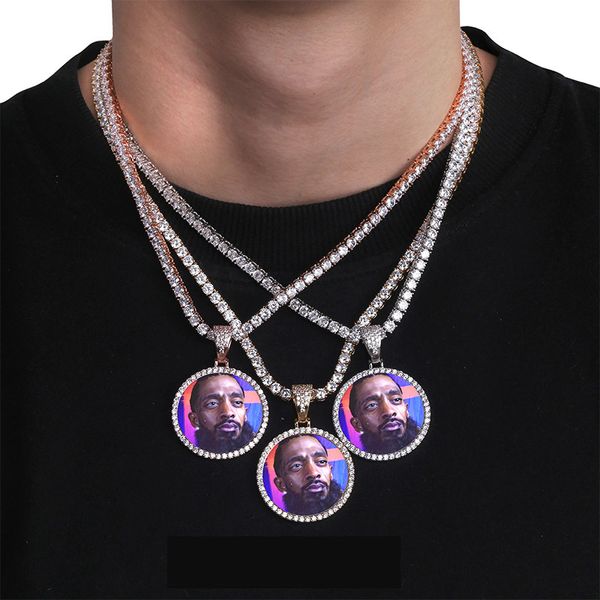 Ankunft Hip Hop Schmuck individuelle Foto Erinnerung Medaillons Anhänger Halskette mit Tenniskette Gold Kubikzircon Geschenk für Männer