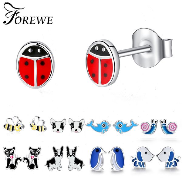 

fashion cute animals bee dolphin cat dog ladybug enamel earrings 925 sterling silver stud earrings for girls kids women jewelry, Golden
