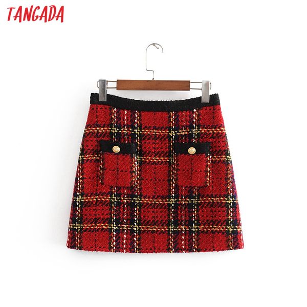 

tangada fashion 2019 women plaid red mini skirt buttons zipper england style retro office lady mini skirts faldas mujer 3h27, Black