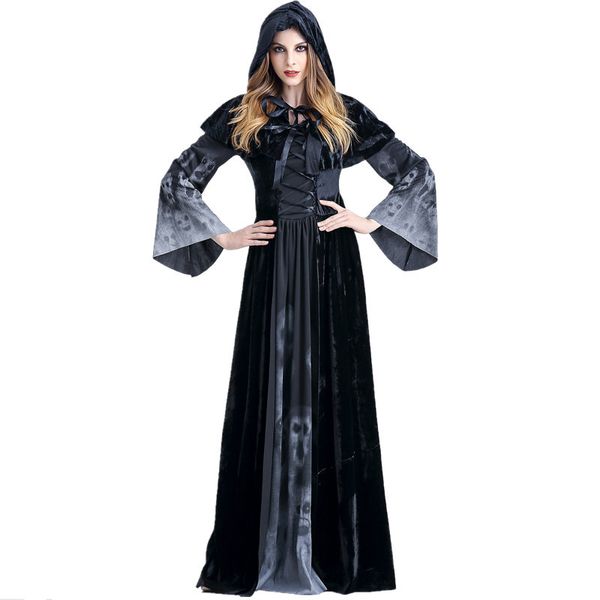 

womens halloween scary witch cosplay hoodies costumes female vampire god of death grim reaper long dress party costumes, Black;red