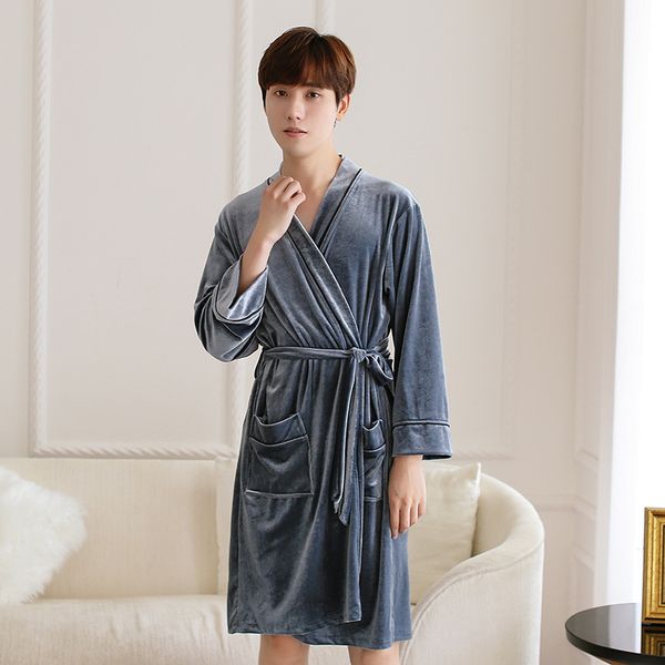 

men autumn winter home wear velvet kimono robe gown sleepwear elegant homewear noightwear casual soft bathrobe gown nightgown, Black;brown