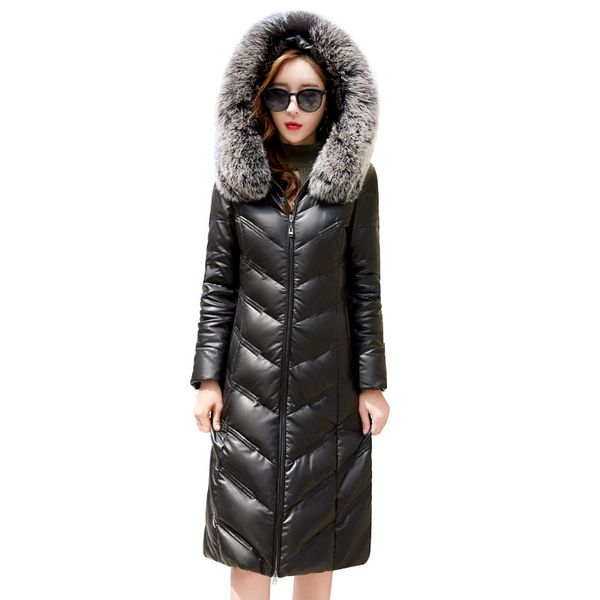 

новая зимняя мода теплый капюшоном женщин кожаные куртки высокого качества тонкий кожи овец реальный меховой воротник женщин вниз кожаное па, Black