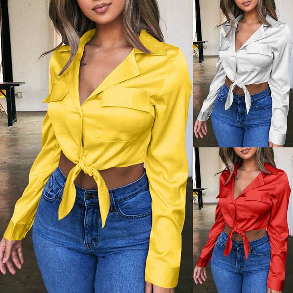 

женщины узелок атласная блузка лето 2019 turn down красный желтый с длинным рукавом streetwear button short top и блузок женщин, White