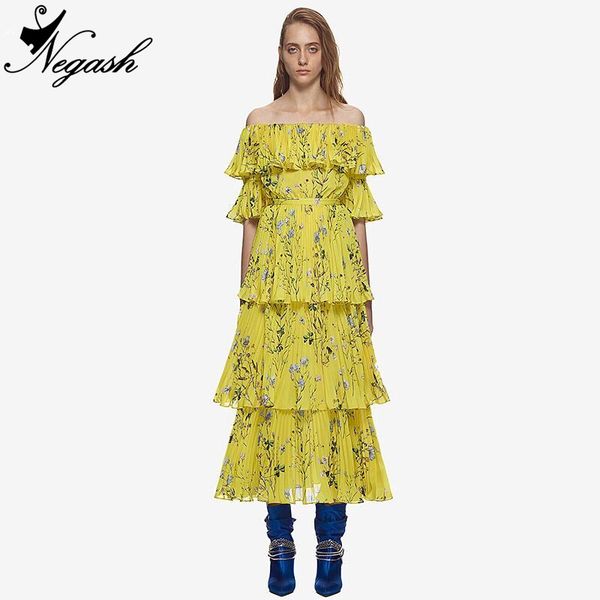 

2018 высокое качество взлетно-посадочной полосы 2019 лето автопортрет платье maxi женщины sexy с плеча цветочные печатных многоуровневое пла, Black;gray