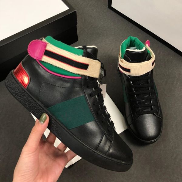 

new ace sneakers embroidered men flats with red and green stripe women luxury designer shoes high leather shoe bee printing boots s02, Black