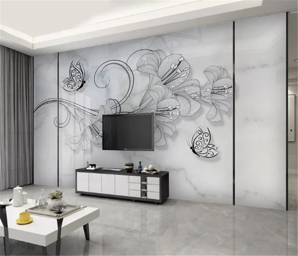 Carta da parati 3d con motivo a parete in marmo bianco minimalista nordico creativo dipinto a mano con fiori farfalla jazz