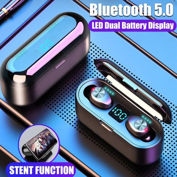 

wireless earphone bluetooth v5.0 f9 tws sport wireless bluetooth headphone led display with 2000mah power bank headset earphone