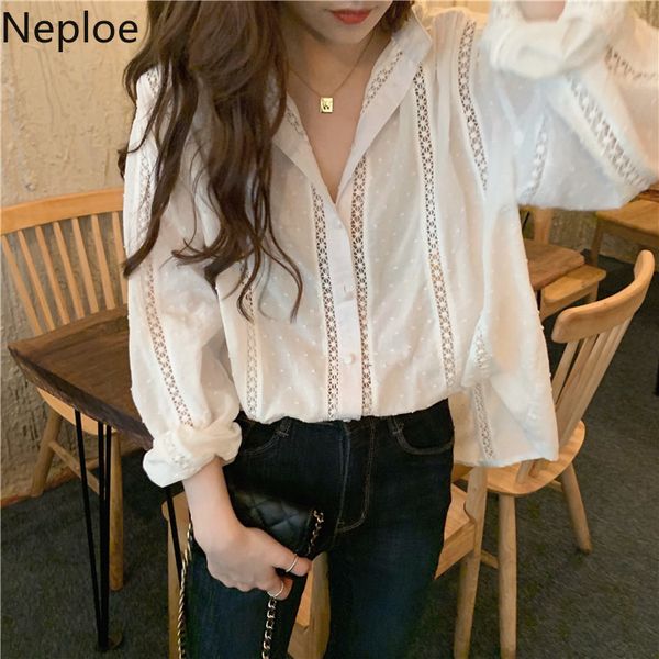 

neploe 2020 spring korean causal women blouse hollow-out patchwork long sleeve shirt single breasted v-neck blusas 58662, White