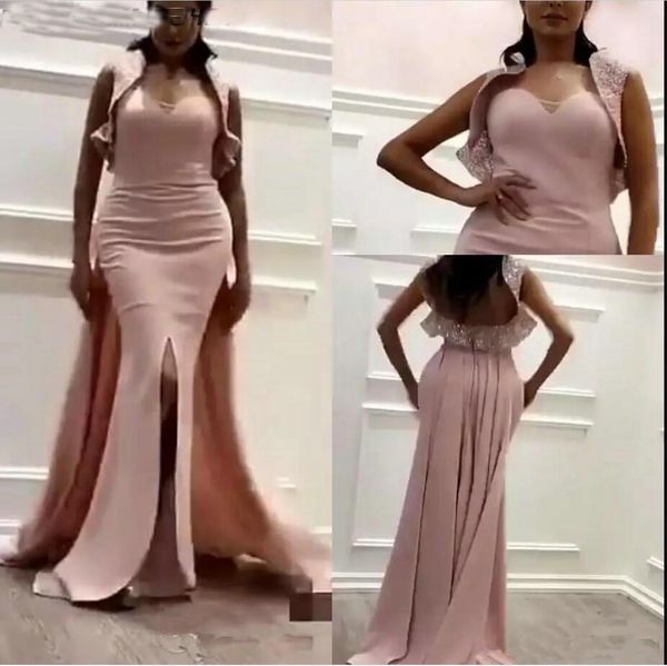 

Elegant Pink Satin Mermaid Evening Dresses with Belore 2019 Bling Bling Fabric Wrap Dubai Arabic Dresses Occasion Prom Party Gown