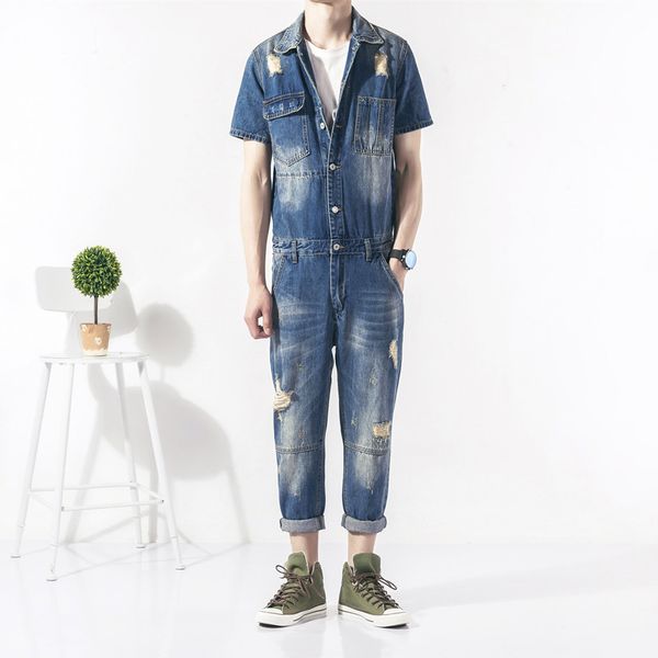 

new fashion hip hop men's retro denim jumpsuit streetwear trend men's slim hole jumpsuit men jeans overalls, Blue