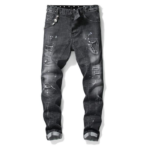

уникального мужской окрашенный разрывы stretch black jeans модельер slim fit омывается motocycle джинсовых брюк hip hop панелей брюки, Blue