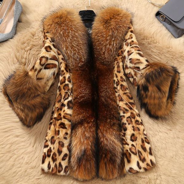 

plus size 6xl leopard faux fur coat 2019 winter jacket women faux raccoon fur collar thick warm outerwear p1311, Black
