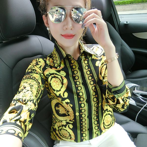 

2020 baroque print women's luxury shirts plus size long sleeve lapel neck printed ladies vintage blouse runway slim office button shirt, White