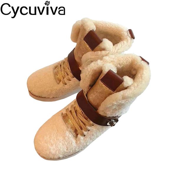 

snow boots women white curly wool botas metal buckle fur platform winter shoes high lace up short boots runway warm mujer, Black