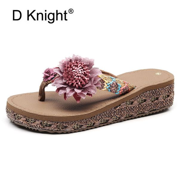 

summer women flip flops casual beach thong slippers new boho flowers lady wedges shoes clip toe female platform footwear sandals, Black