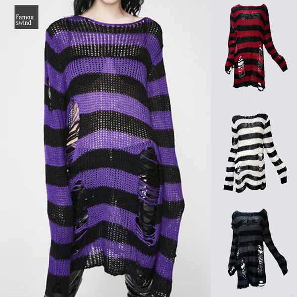 

gothic sweaters punk striped long character cool hollow out broken thin pullover knit sweater 2019 autumn cozy women, White;black
