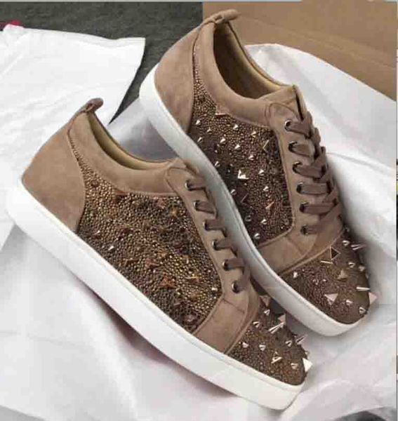 

summer/fall season men's sneakers low cut +spiked red bottom shoes pik pik rivets rhinestone strass black white brown wholesale